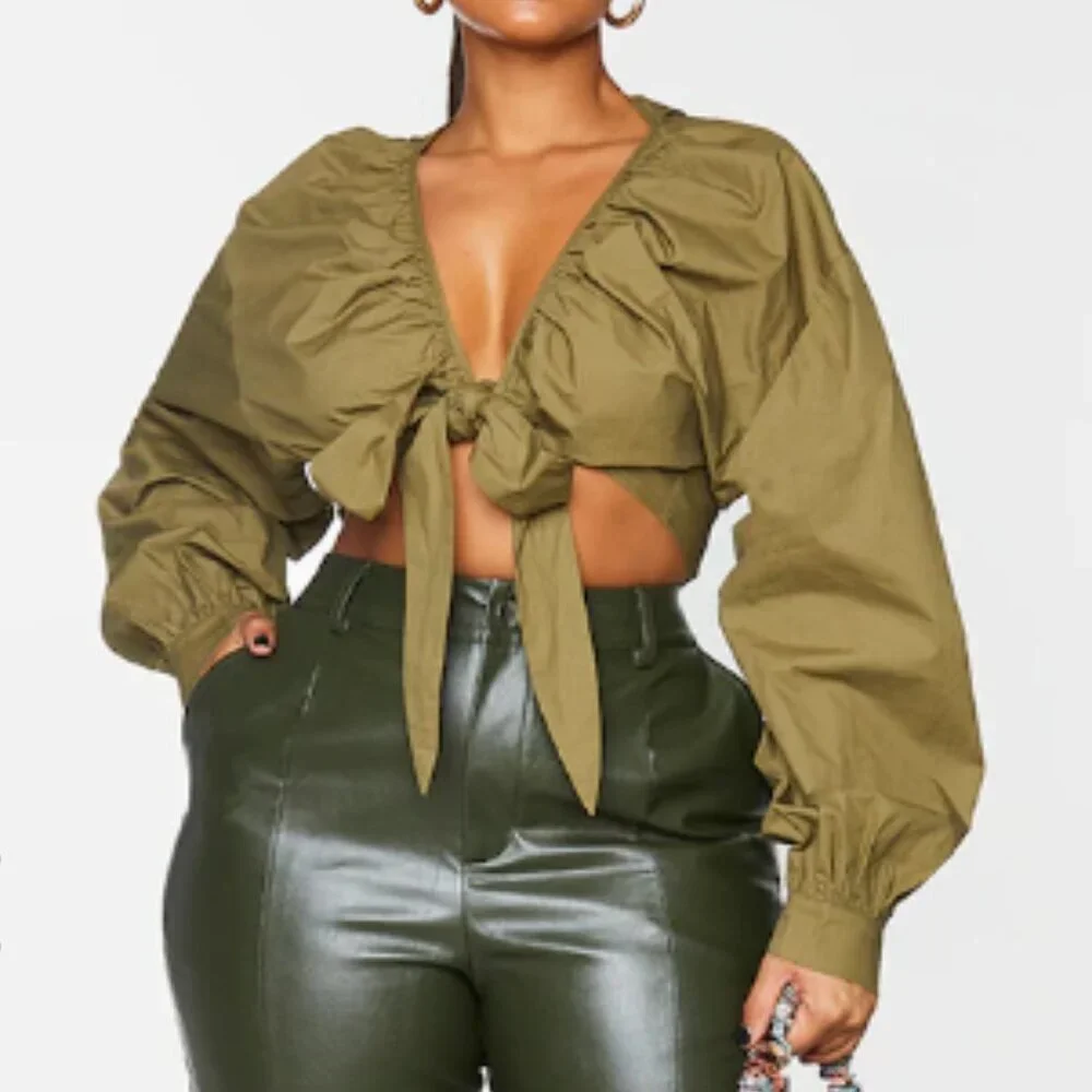 NWT Plus Size Pretty Little Thing Khaki Tie Front Ruched Blouse - Size 22​